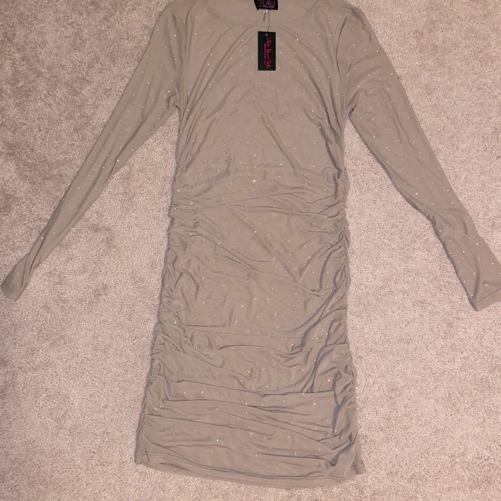 Nude mesh long sleeve dress with crystals